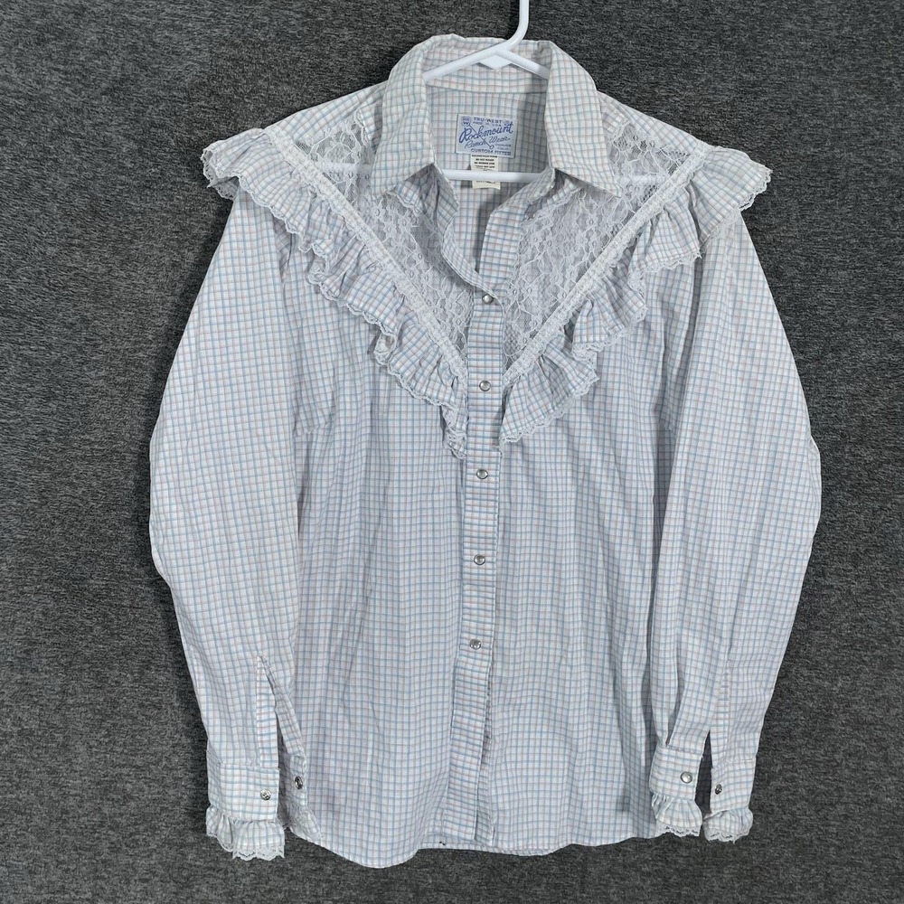Vintage Rockmount Ranch Wear Shirt Womens 36 Lace Ruffle Western Pearl Snap